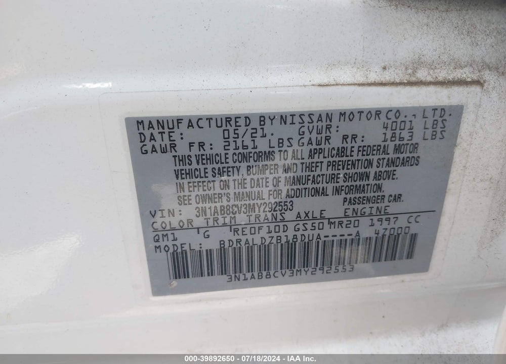 2021 NISSAN SENTRA SV XTRONIC CVT VIN: 3N1AB8CV3MY292553
