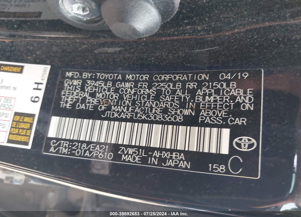 2019 TOYOTA PRIUS LIMITED VIN: JTDKARFU5K3083608