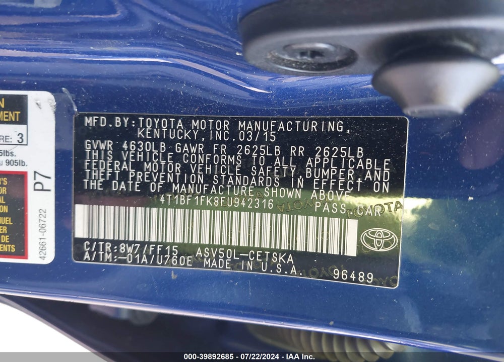 2015 TOYOTA CAMRY SE VIN: 4T1BF1FK8FU942316