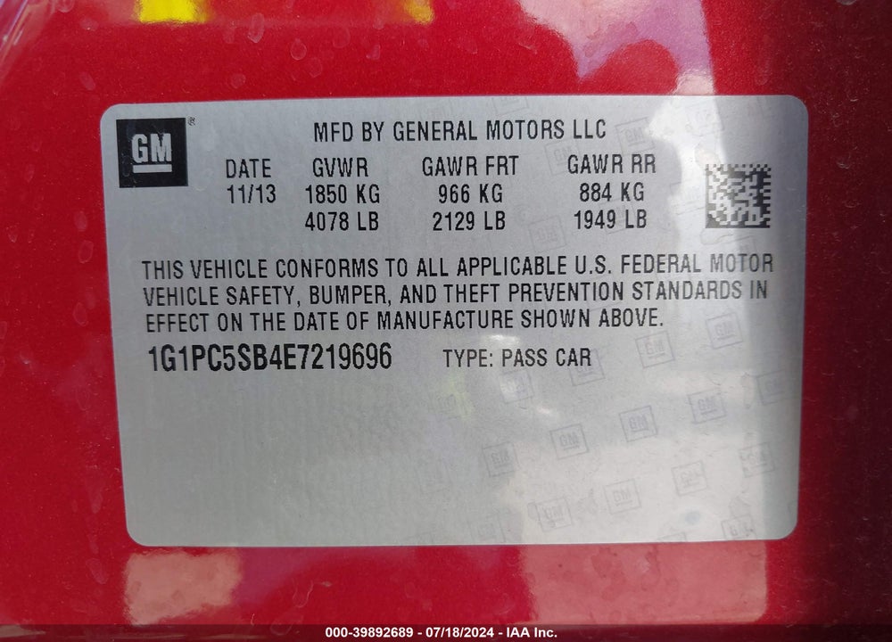 2014 CHEVROLET CRUZE 1LT AUTO VIN: 1G1PC5SB4E7219696