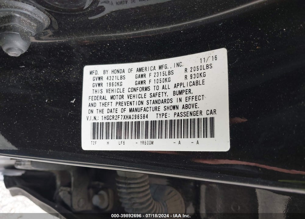 2017 HONDA ACCORD EX VIN: 1HGCR2F7XHA096584