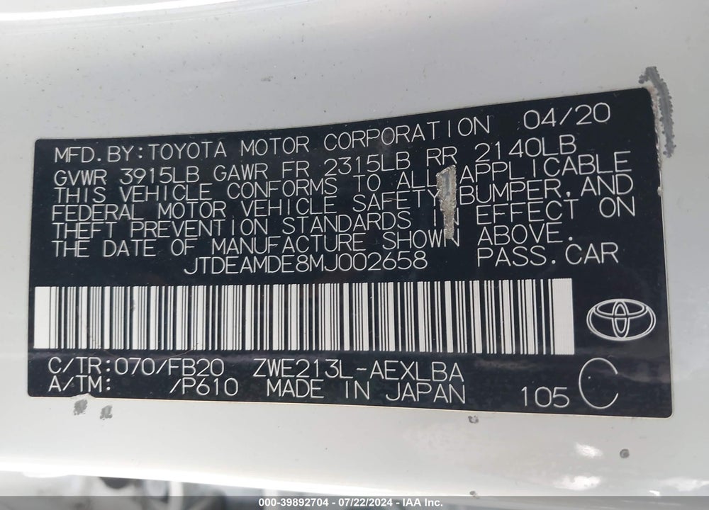 2021 TOYOTA COROLLA HYBRID LE VIN: JTDEAMDE8MJ002658