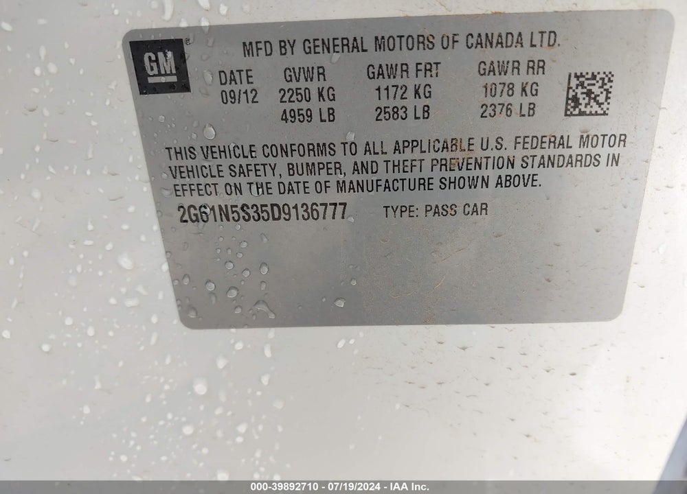 2013 CADILLAC XTS VIN: 2G61N5S35D9136777