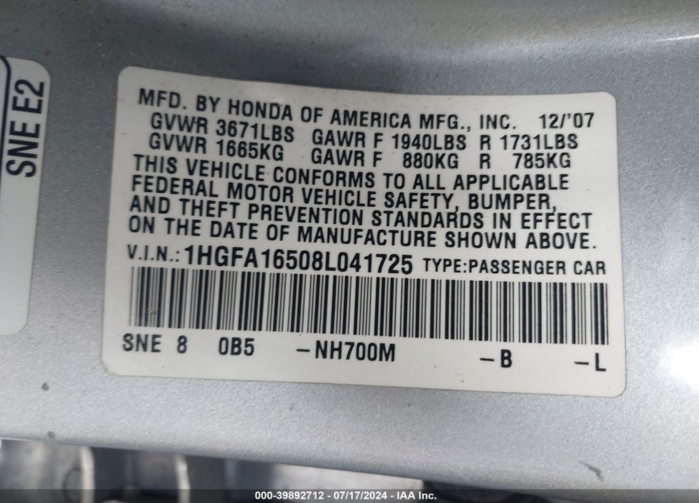 2008 HONDA CIVIC SDN LX VIN: 1HGFA16508L041725