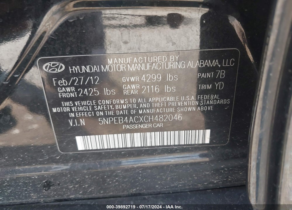 2012 HYUNDAI SONATA GLS VIN: 5NPEB4ACXCH482046