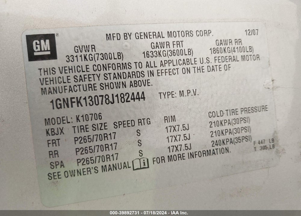 2008 CHEVROLET TAHOE LT VIN: 1GNFK13078J182444