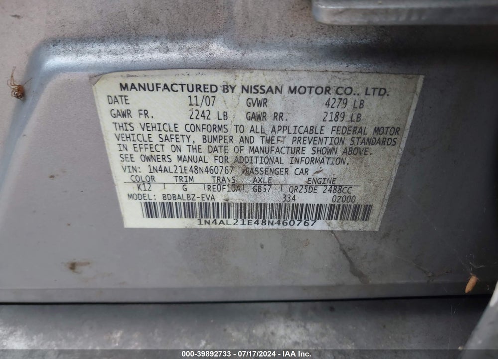 2008 NISSAN ALTIMA 2.5 S VIN: 1N4AL21E48N460767