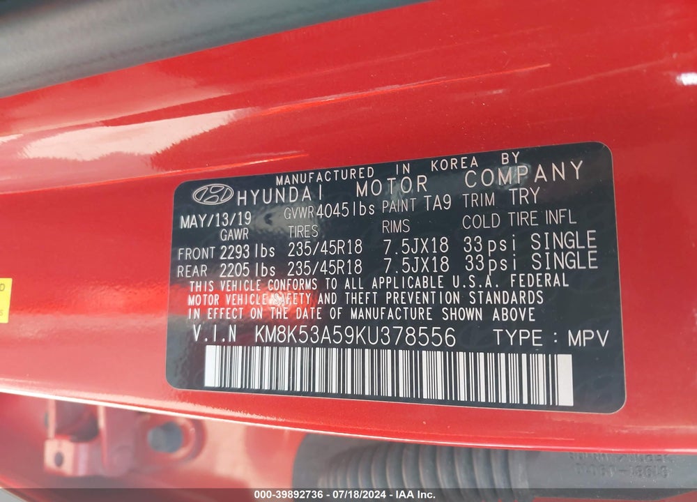 2019 HYUNDAI KONA ULTIMATE VIN: KM8K53A59KU378556