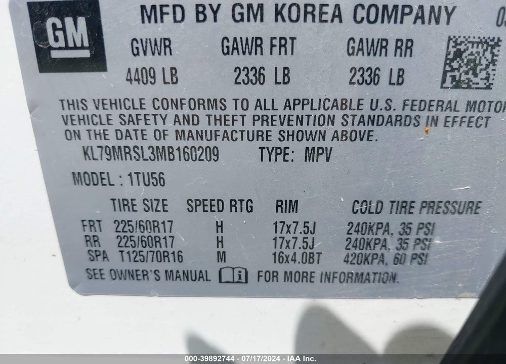 2021 CHEVROLET TRAILBLAZER VIN: KL79MRSL3MB160209