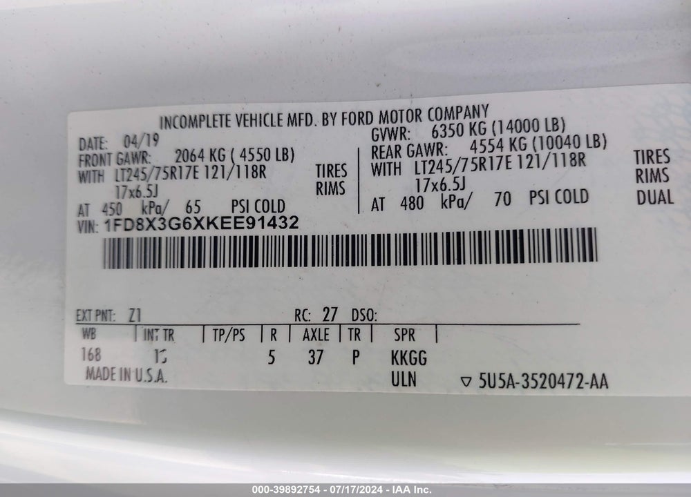 2019 FORD F-350 CHASSIS XL VIN: 1FD8X3G6XKEE91432