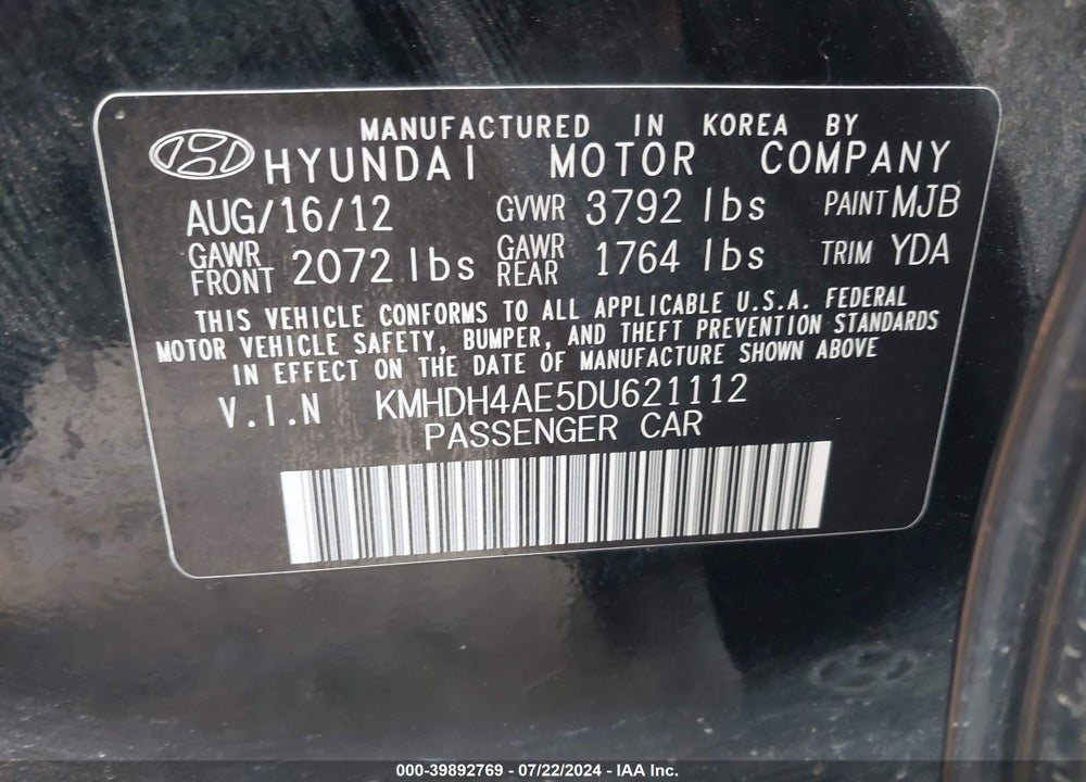 2013 HYUNDAI ELANTRA VIN: KMHDH4AE5DU621112