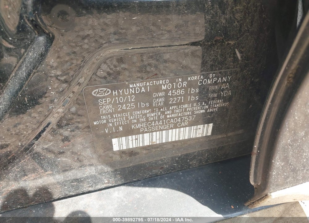 2012 HYUNDAI SONATA HYBRID VIN: KMHEC4A41CA047537