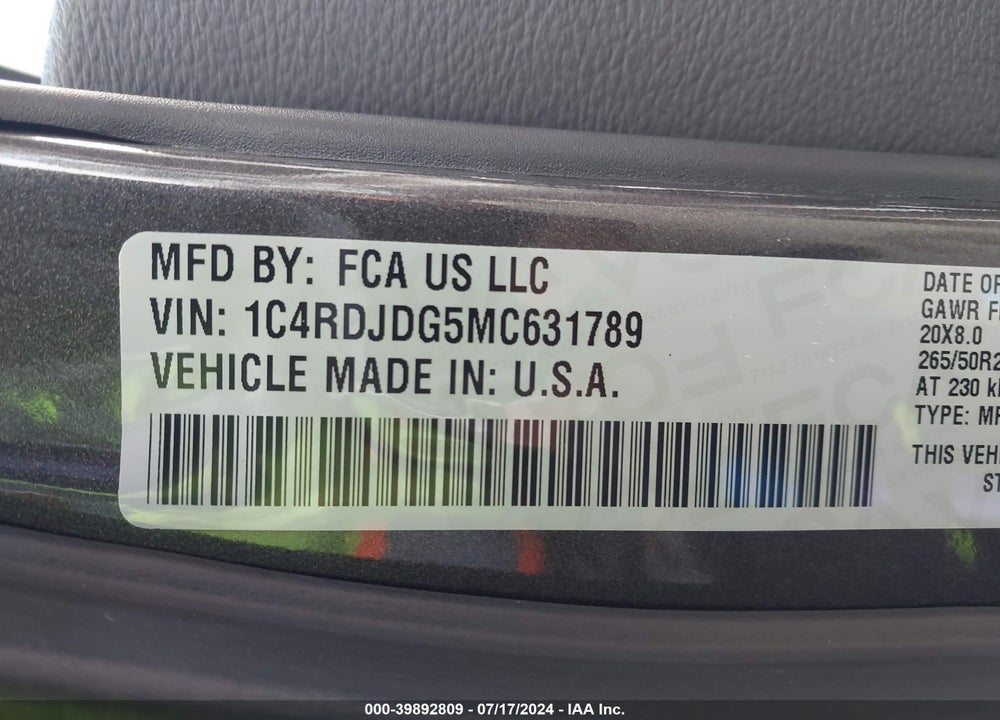 2021 DODGE DURANGO GT PLUS AWD VIN: 1C4RDJDG5MC631789