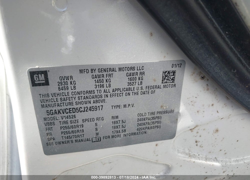 2012 BUICK ENCLAVE LEATHER VIN: 5GAKVCED5CJ245917