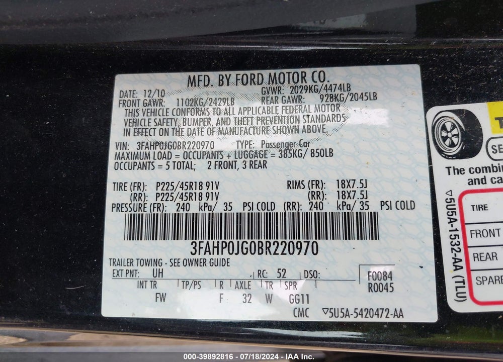 2011 FORD FUSION SEL VIN: 3FAHP0JG0BR220970