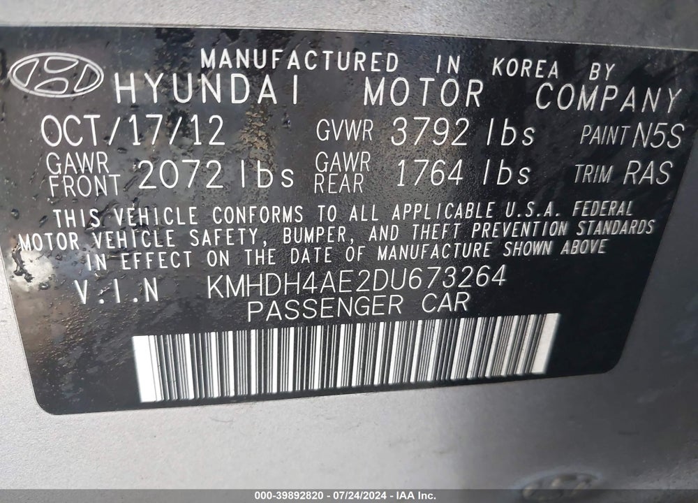 2013 HYUNDAI ELANTRA LIMITED VIN: KMHDH4AE2DU673264