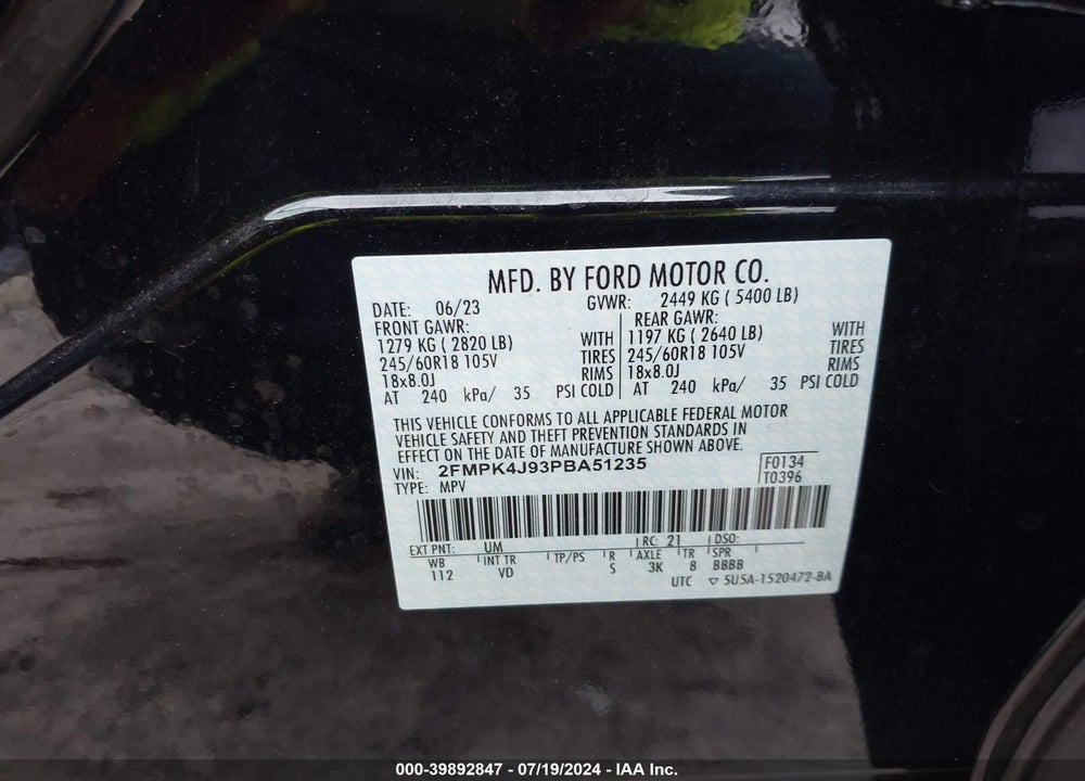 2023 FORD EDGE SEL VIN: 2FMPK4J93PBA51235
