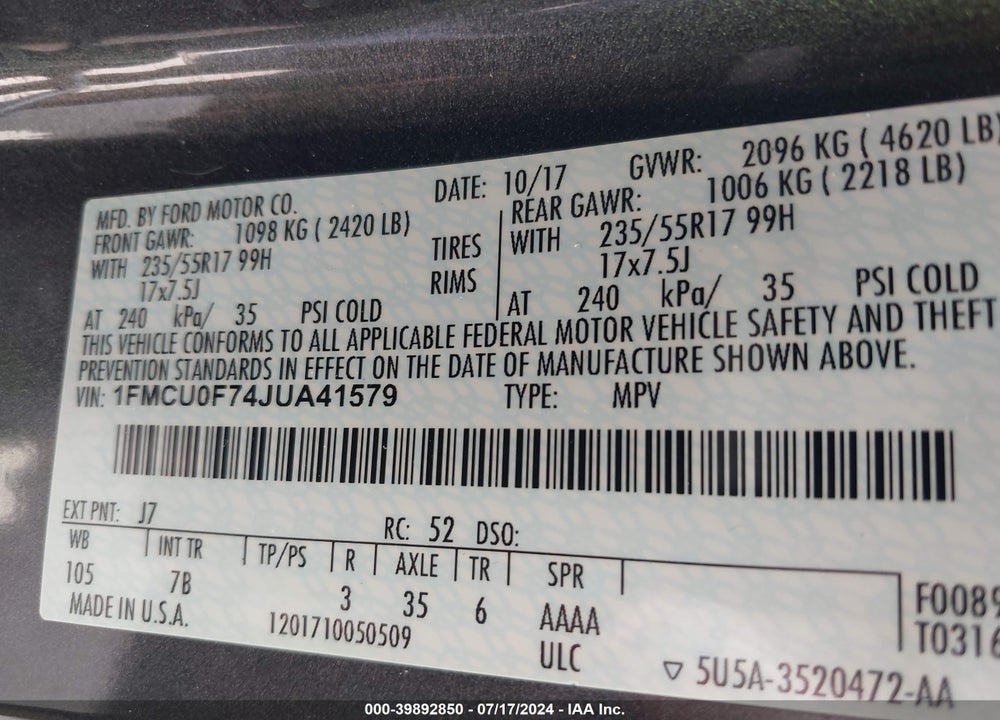 2018 FORD ESCAPE S VIN: 1FMCU0F74JUA41579