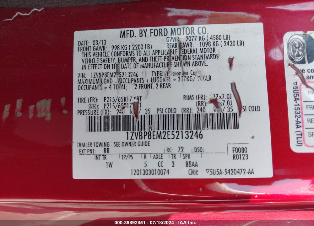 2014 FORD MUSTANG V6 VIN: 1ZVBP8EM2E5213246