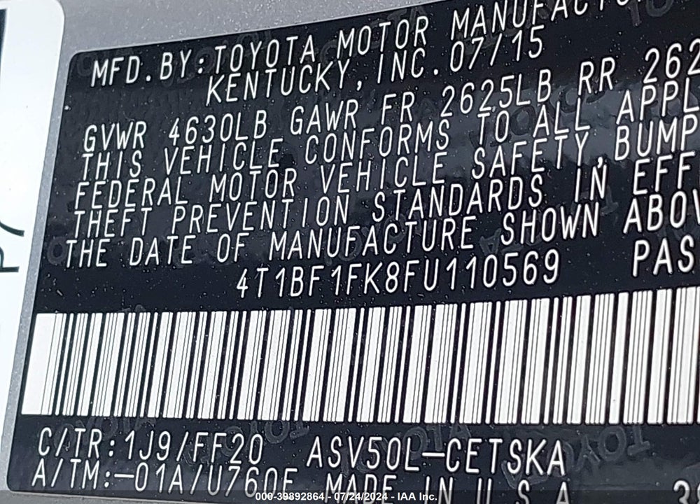 2015 TOYOTA CAMRY SE VIN: 4T1BF1FK8FU110569