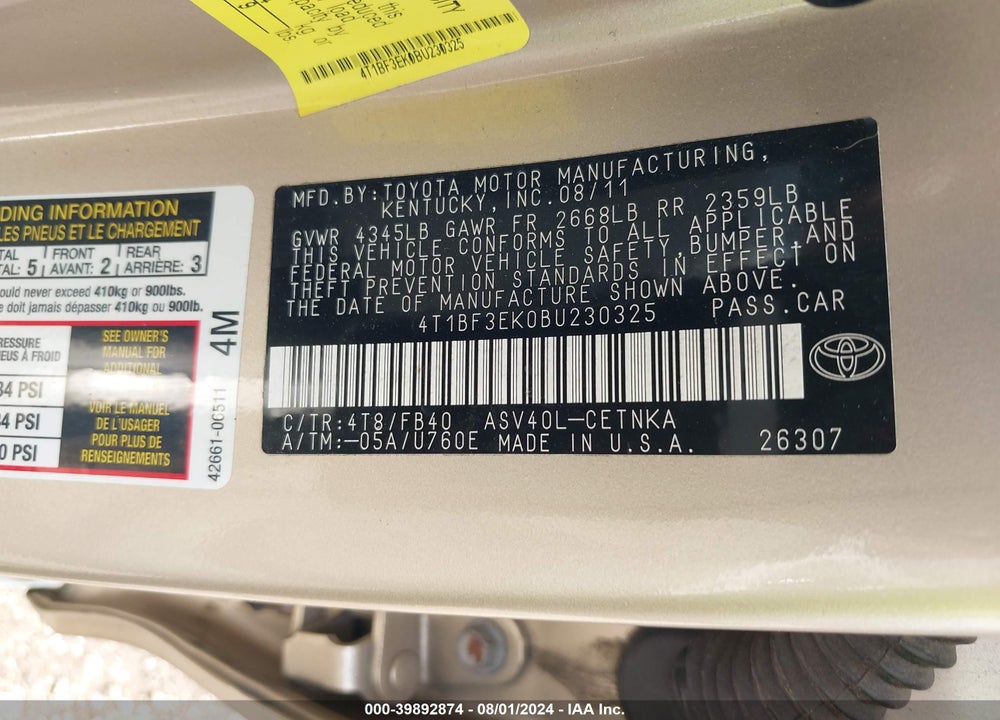 2011 TOYOTA CAMRY LE VIN: 4T1BF3EK0BU230325