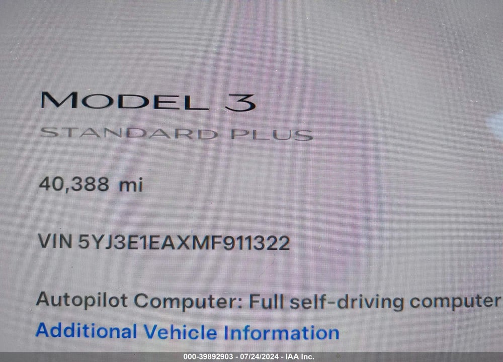 2021 TESLA MODEL 3 STANDARD RANGE PLUS REAR-WHEEL DRIVE VIN: 5YJ3E1EAXMF911322