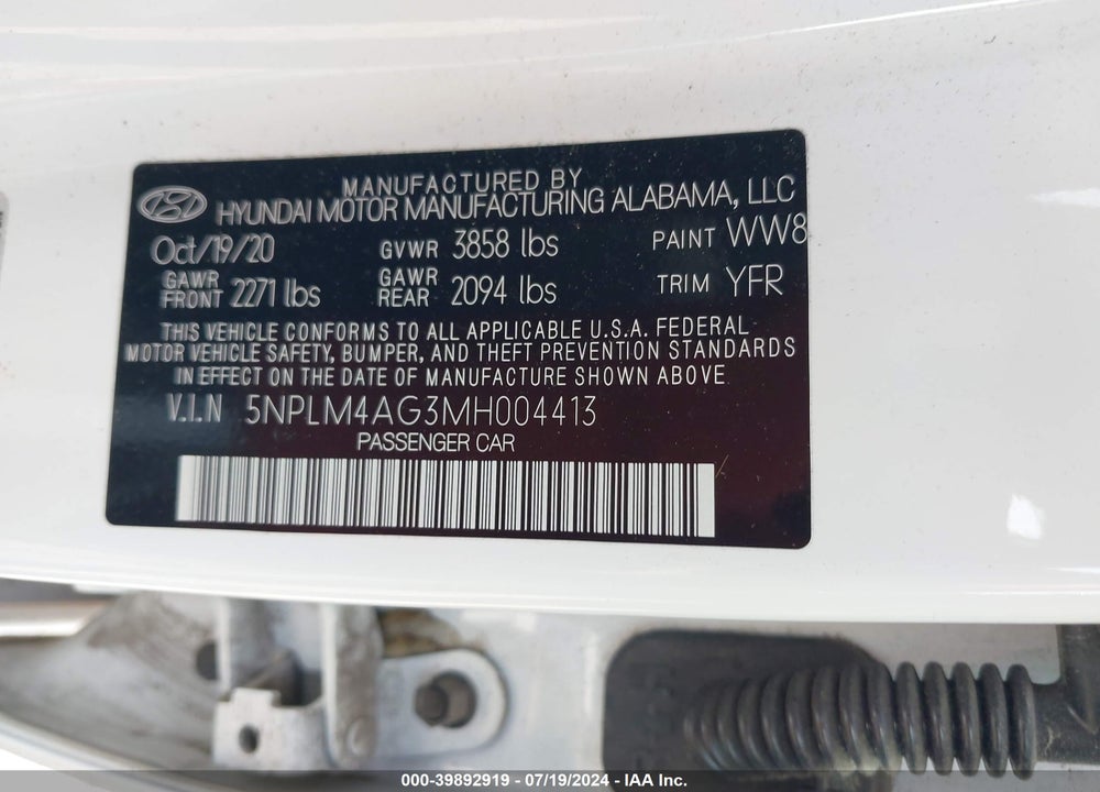 2021 HYUNDAI ELANTRA SEL VIN: 5NPLM4AG3MH004413