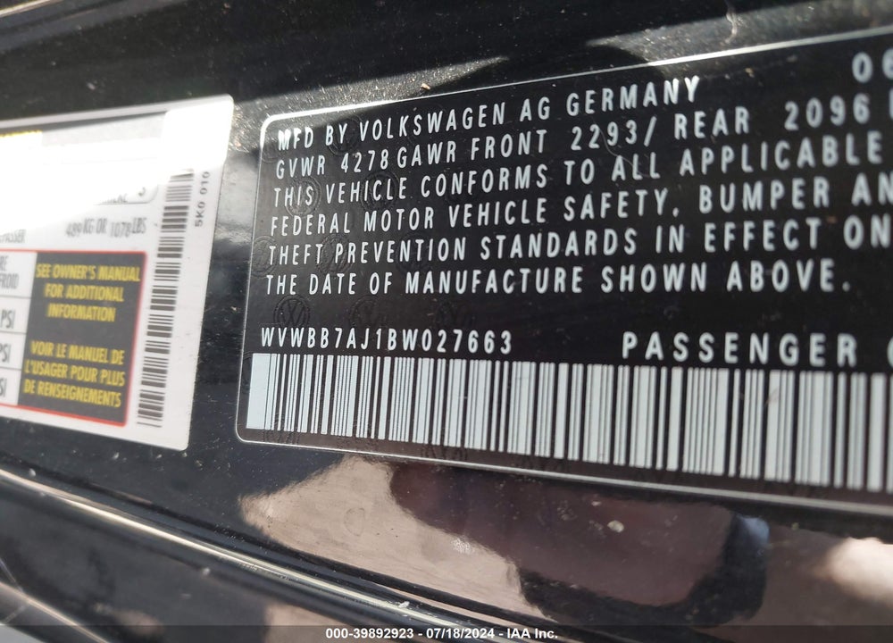 2011 VOLKSWAGEN GOLF 2.5L 2-DOOR VIN: WVWBB7AJ1BW027663