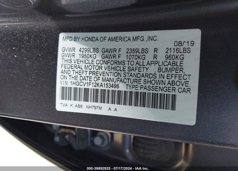 2019 HONDA ACCORD LX VIN: 1HGCV1F12KA153496