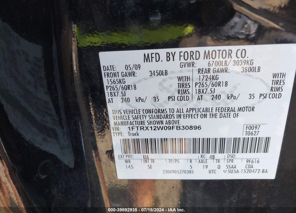 2009 FORD F-150 STX/XL VIN: 1FTRX12W09FB30896