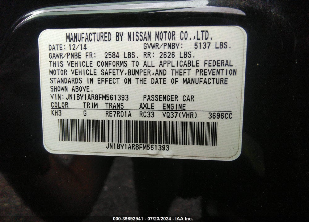 2015 INFINITI Q70 3.7X VIN: JN1BY1AR8FM561393