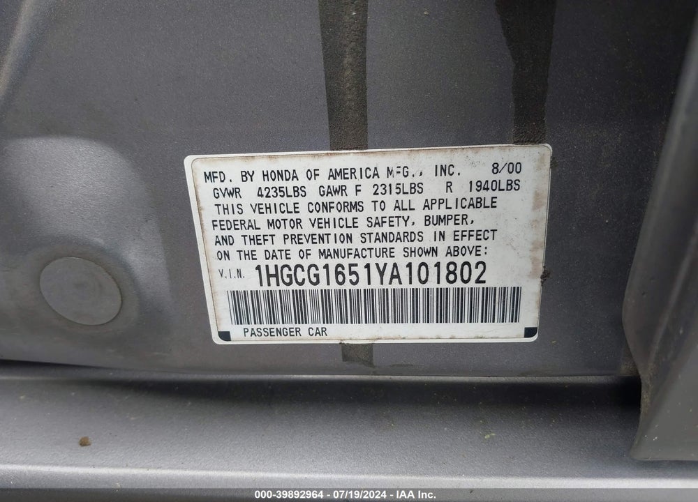 2000 HONDA ACCORD 3.0 EX VIN: 1HGCG1651YA101802