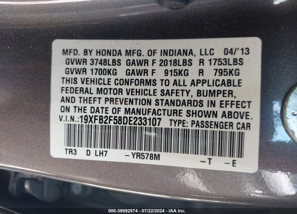 2013 HONDA CIVIC LX VIN: 19XFB2F58DE233107