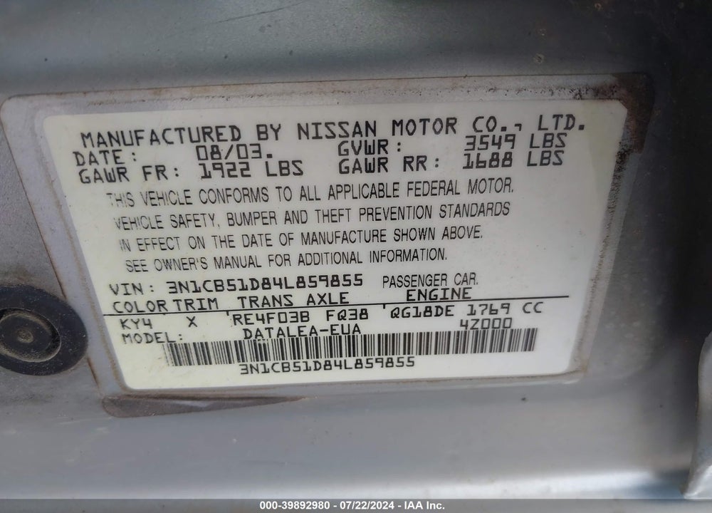 2004 NISSAN SENTRA 1.8S VIN: 3N1CB51D84L859855