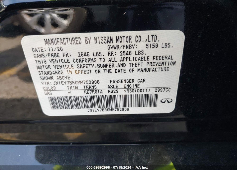 2021 INFINITI Q50 LUXE AWD VIN: JN1EV7BR0MM752908