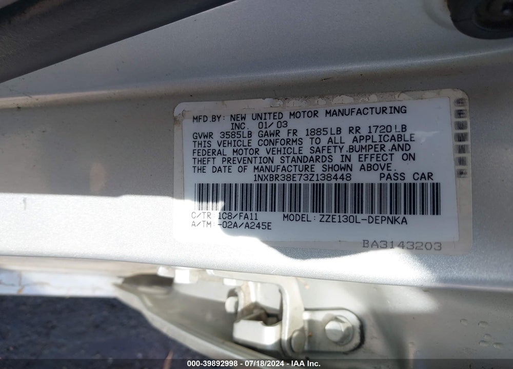 2003 TOYOTA COROLLA LE VIN: 1NXBR38E73Z138448