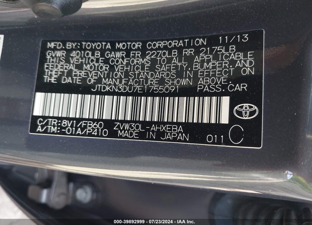 2014 TOYOTA PRIUS TWO VIN: JTDKN3DU7E1755091