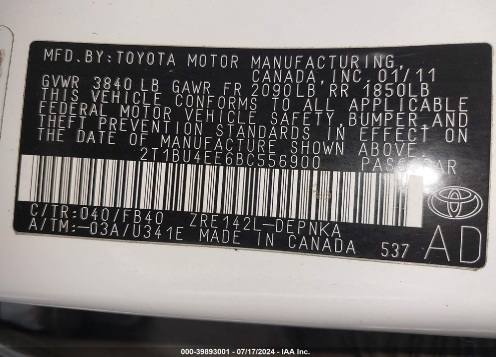 2011 TOYOTA COROLLA LE VIN: 2T1BU4EE6BC556900