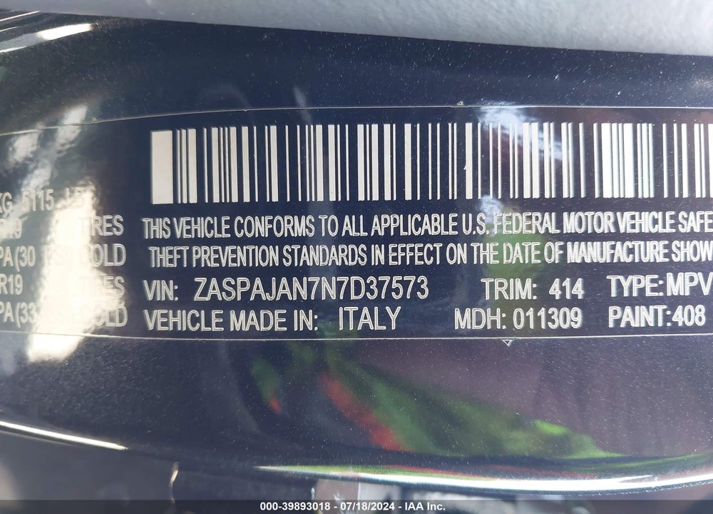 2022 ALFA ROMEO STELVIO SPRINT RWD VIN: ZASPAJAN7N7D37573