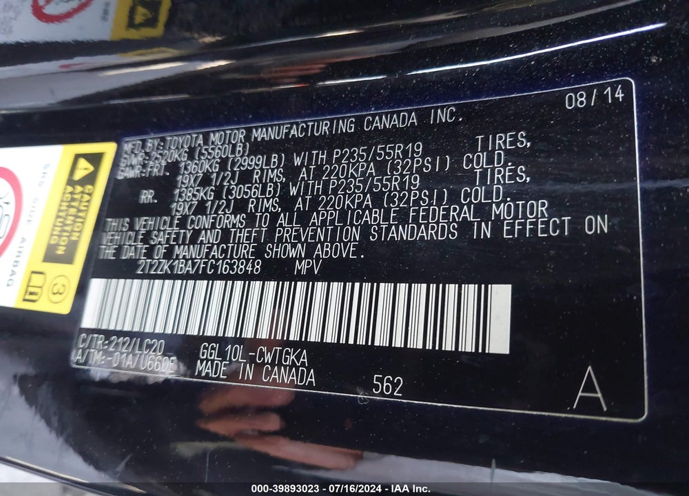 2015 LEXUS RX 350 VIN: 2T2ZK1BA7FC163848