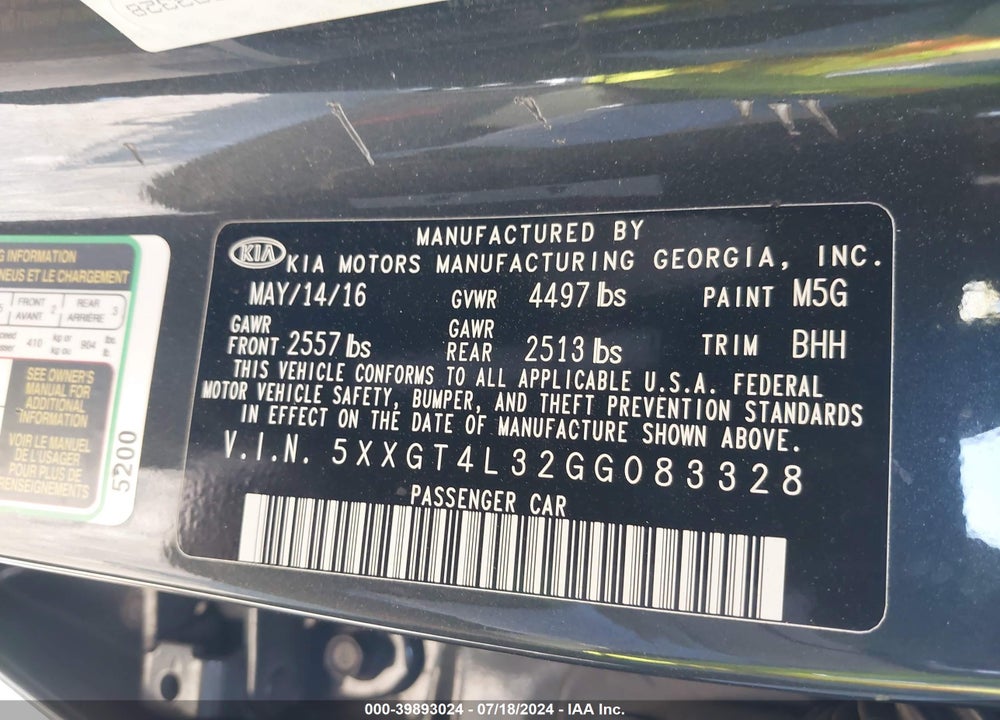 2016 KIA OPTIMA LX VIN: 5XXGT4L32GG083328
