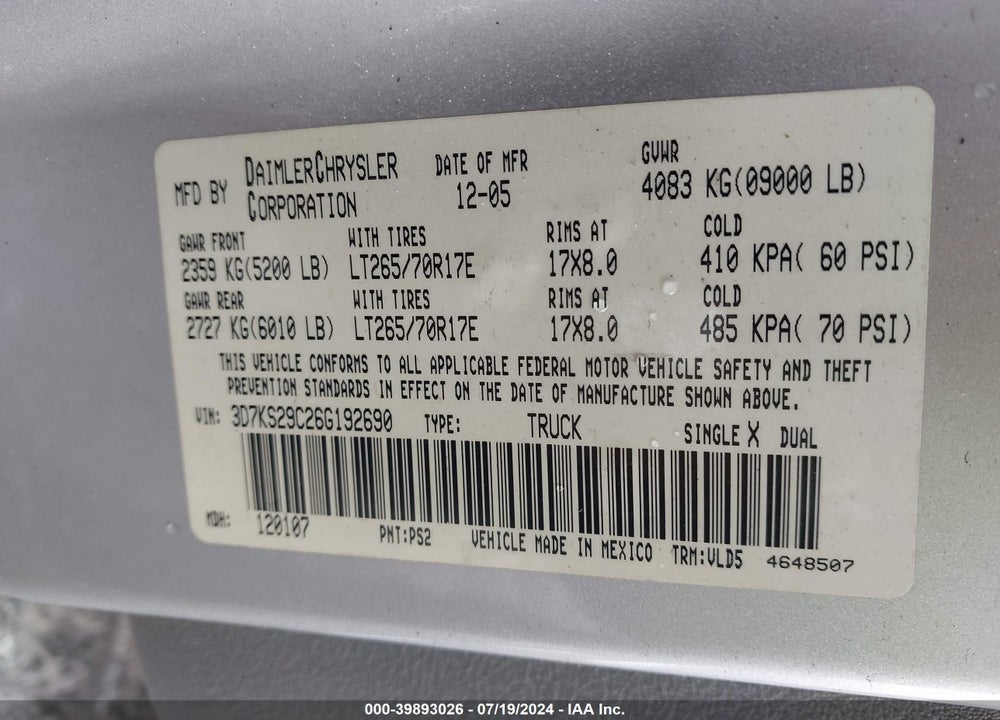 2006 DODGE RAM 2500 LARAMIE VIN: 3D7KS29C26G192690