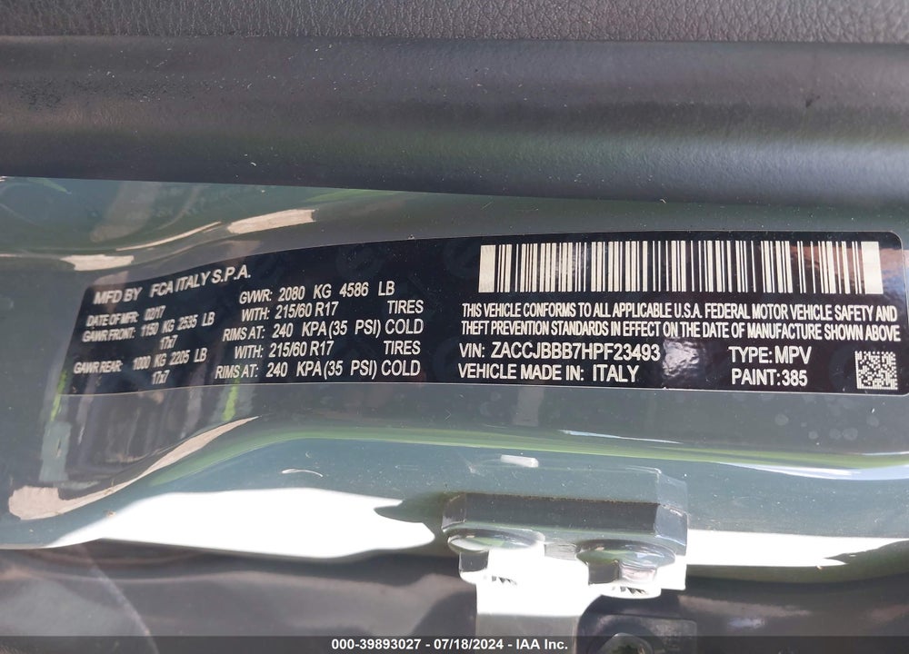 2017 JEEP RENEGADE LATITUDE 4X4 VIN: ZACCJBBB7HPF23493