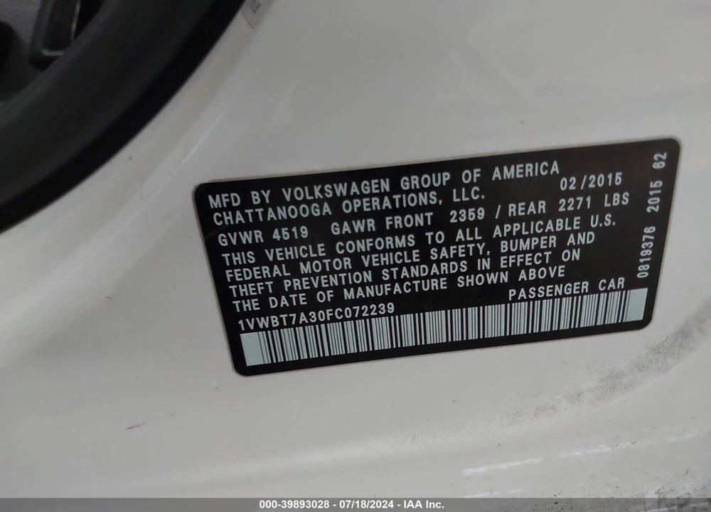 2015 VOLKSWAGEN PASSAT 1.8T SPORT VIN: 1VWBT7A30FC072239