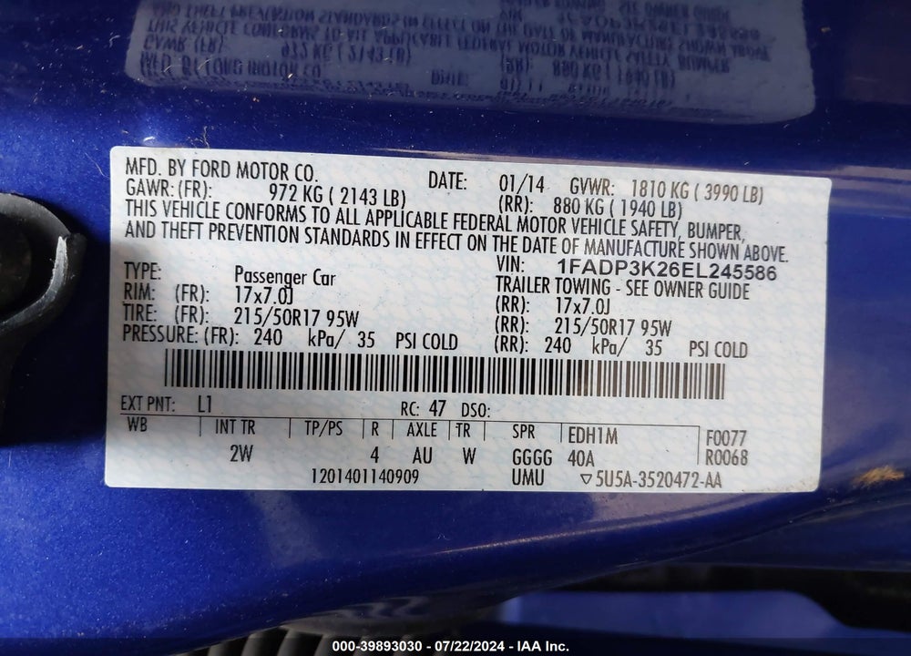 2014 FORD FOCUS SE VIN: 1FADP3K26EL245586