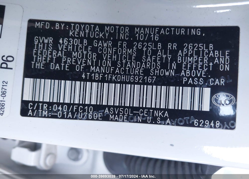 2017 TOYOTA CAMRY LE VIN: 4T1BF1FK0HU692167