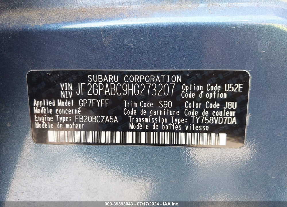 2017 SUBARU CROSSTREK 2.0I PREMIUM VIN: JF2GPABC9HG273207