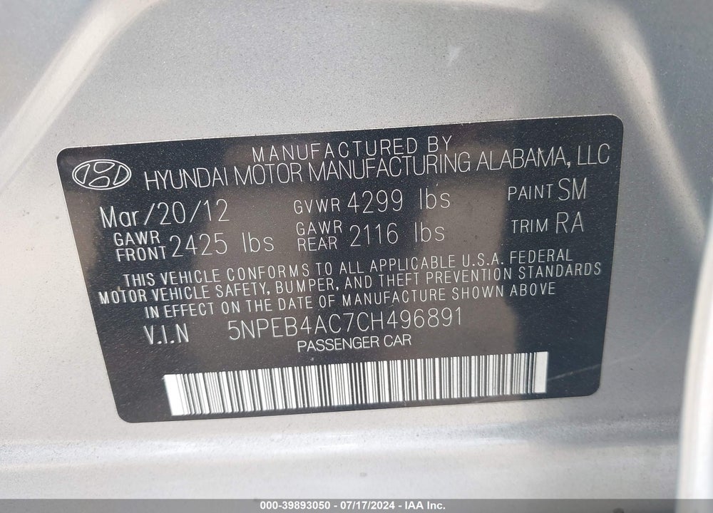 2012 HYUNDAI SONATA GLS VIN: 5NPEB4AC7CH496891