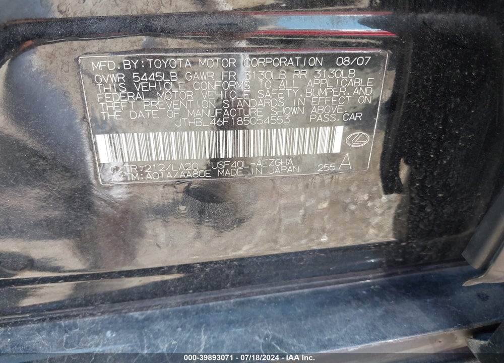 2008 LEXUS LS 460 VIN: JTHBL46F185054553