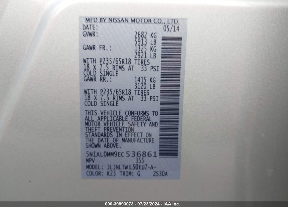 2014 INFINITI QX60 VIN: 5N1AL0MM9EC536861